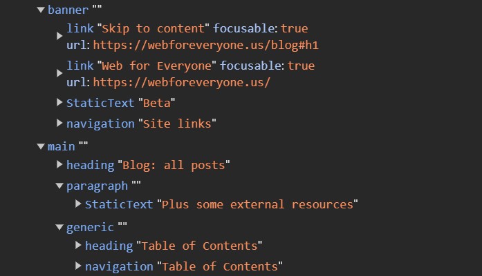 Chrome accessibility tree showing nodes nested under the main element