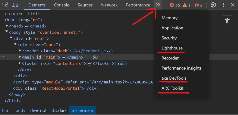 Elements panel in Chrome DevTools with Lighthouse, axe DevTools, and ARC Toolkit extensions highlighted